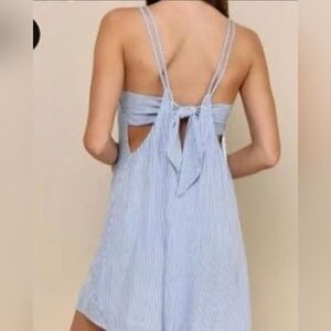 Lulus Adrift Blue Striped Tie-Back Mini Swing Dress # A45